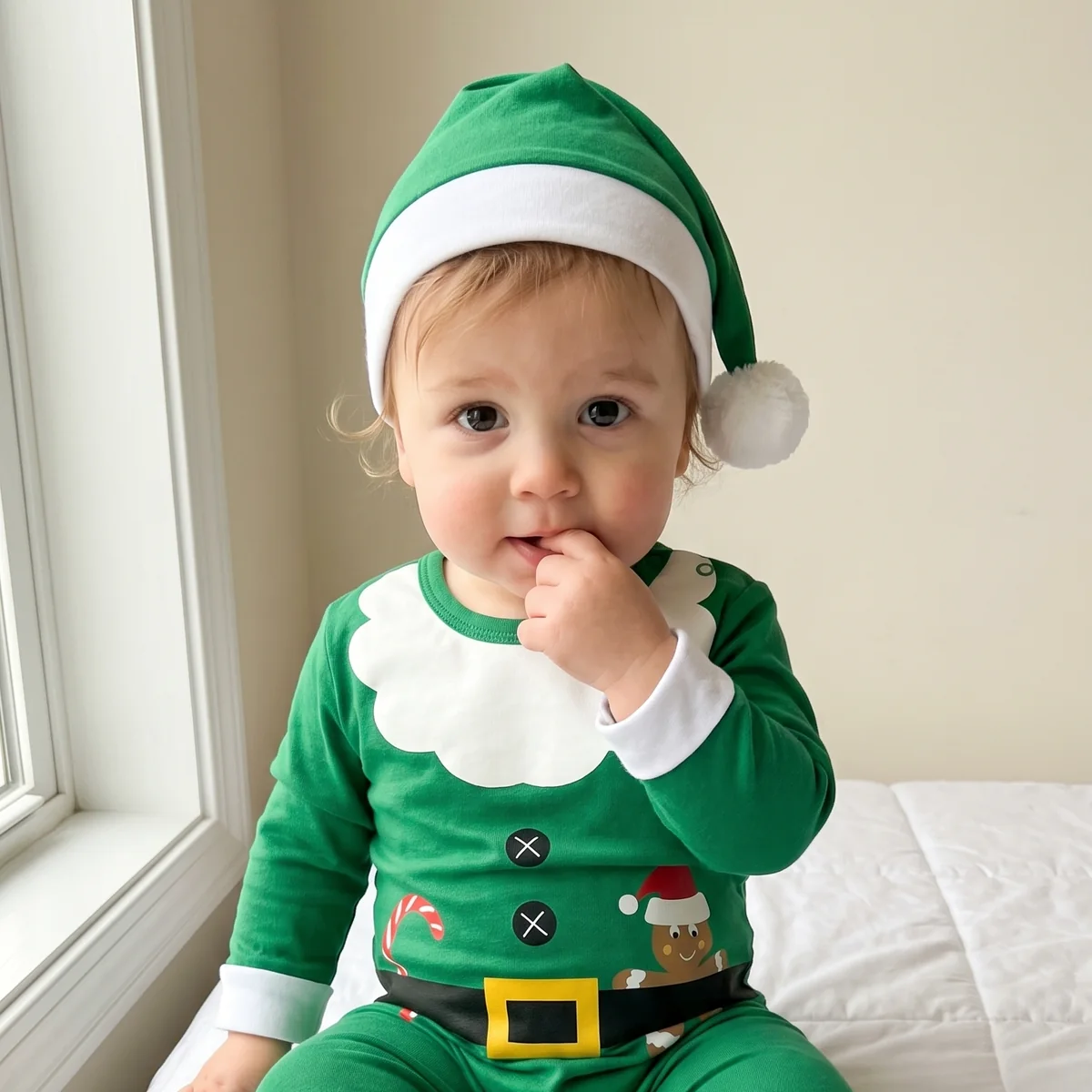 Baby in the Little Elf MerryCub outfit with its hat