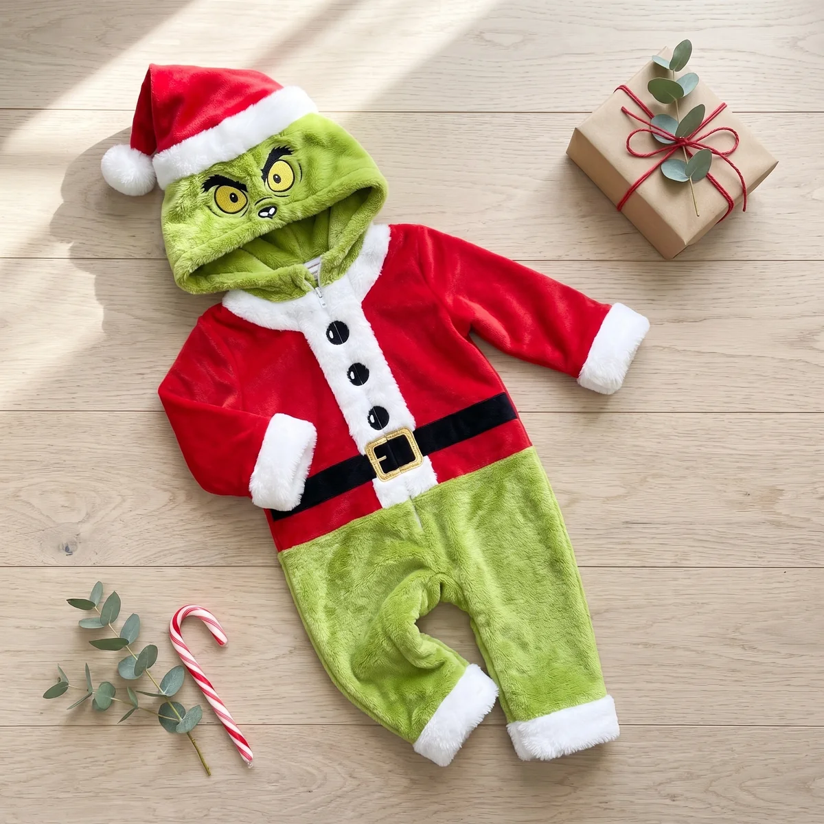 The Grumpy Green outfit laid out flat
